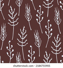 Simple floral vector seamless pattern. Light blue plants, pampas, grass and inflorescences on a dark brown background. For prints of packaging paper, textile products.