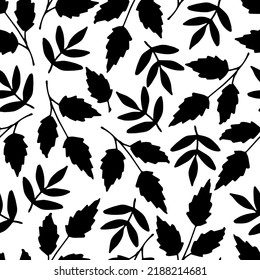 Simple floral vector seamless pattern. Black silhouette of leaves on a white background. For fabric prints, textiles. Autumn-summer collection. Seasonal leaf fall.