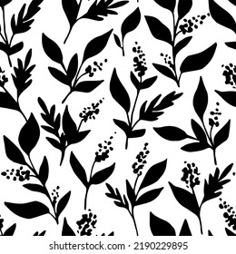 Simple floral vector seamless pattern. Black silhouette of leaves, wildflowers on a white background. For fabric prints, textiles. Autumn-summer collection.