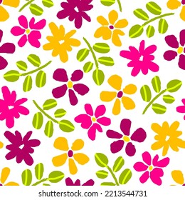 Simple floral vector seamless pattern. Bright pink, orange flowers, green twigs on a white background. For fabric prints, textiles, apparel, home decor.