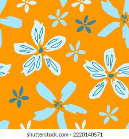 Simple floral vector seamless pattern. Blue flowers on an orange background. For prints of fabric, clothes, textiles.