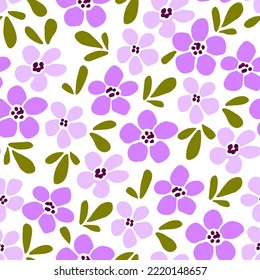 Simple vector floral sin fisuras. Flores lilas-rosas delgadas, hojas verdes sobre un fondo blanco. Para impresiones de tela, ropa, textiles.