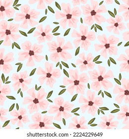 Simple floral vector seamless pattern. Delicate sakura flowers on a light blue background. For fabric prints, textiles, clothing. Spring time, flowering.