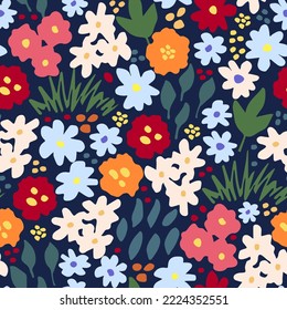 Simple floral vector seamless pattern. Small wild flowers, leaves on a dark background. For fabric prints, textiles, clothes.