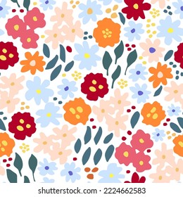 Simple floral vector seamless pattern. Small wild flowers, leaves on a white background. For fabric prints, textiles, clothes.