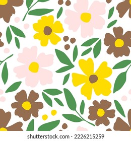 Simple floral vector seamless pattern. Flowers, green leaves on a beige background. For fabric prints, textiles, clothes.