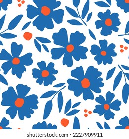 Simple floral vector seamless pattern. Blue, orange flowers and leaves on a white background. For fabric prints, textiles.