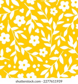 Simple floral vector seamless pattern. White silhouette of flowers, branches, leaves on a yellow background. For fabric prints, textile products, clothing. Spring summer collection.