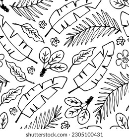 Simple floral vector seamless pattern. Black outline of tropical leaves, flowers on a white background. Sketch in ink.