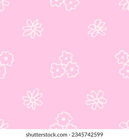 Simple floral vector seamless pattern in cartoon style. Light small flowers on a pink background. For fabric prints, textile products, children's clothing, stationery.