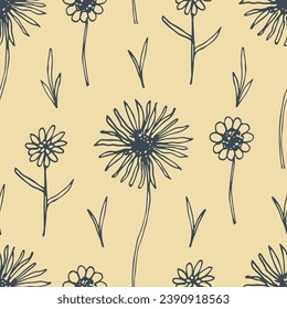 Simple floral vector seamless pattern. Dark blue wildflowers on a white background. For fabric prints, textile products, men's shirts.