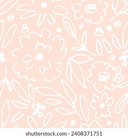 Simple vector floral sin fisuras. Borde blanco de flores, hojas sobre un fondo rosa claro. Para impresiones de tela, textiles, embalaje.