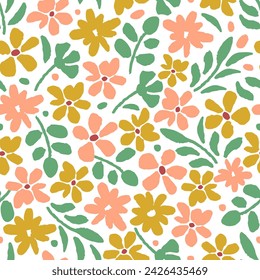 Simple floral vector seamless pattern. Pink, mustard flowers, green leaves on a white background. For fabric print, textile products, summer clothing.