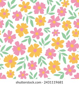 Simple floral vector seamless pattern. Small pink, orange flowers, green foliage on a white background. For fabric prints, textile products, summer clothes.