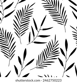 Simple Vector floral sin patrón. Hojas de palma, ramas. Plantas tropicales. Silueta negra sobre fondo blanco. Para estampados en tejidos, productos textiles, embalaje.