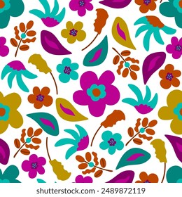 Simple floral vector seamless pattern. Pink, turquoise flowers, leaves on a white background. For fabric prints, textile products, clothing.