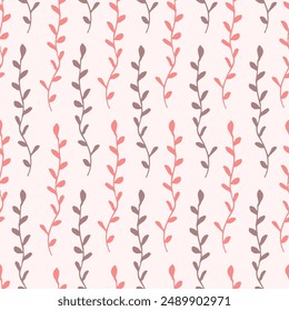 Simple floral vector seamless pattern. Pink branches, vertical stripes on a light background. For fabric prints, textile products, clothing.