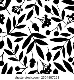 Simple floral vector seamless pattern. Autumn leaves, acorns, rowan berries, leaf fall. Black silhouette on a white background. For prints of packaging, textile products.