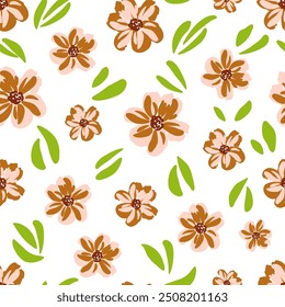 Padrão simples de vetor floral sem emenda. Flores de outono, folhas verdes sobre um fundo branco. Para estampas de tecido, produtos têxteis.