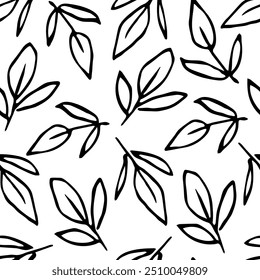 Simple floral vector seamless pattern. Black outline drawing. Foliage, leaves. For fabric prints, textile products, paper, stationery.