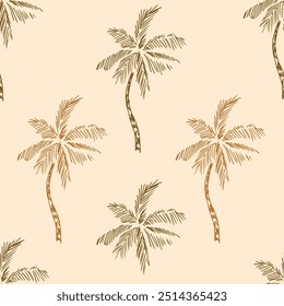 Simple floral vector seamless pattern. Tropical plants, palm trees in beige-brown tones. For fabric prints, textile products, beachwear, shirts.