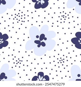 Simple floral vector seamless pattern. Blue flowers, dots on a white background. For fabric prints, textiles, children's clothing.