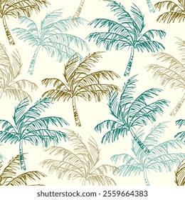 Simple floral vector seamless pattern. Print for Hawaiian shirt, textile, beachwear. Turquoise, brown palm trees on a light background.