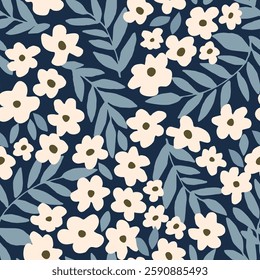 Simple floral vector seamless pattern. Small light flowers, foliage on a blue background. For fabric prints, textile products, summer clothes.