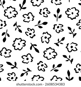 Simple floral vector seamless pattern. Small black flowers and branches on a white background. For prints, packaging, textiles.