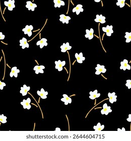 Simple floral vector seamless pattern. Small light blue flowers on a black background. For fabric prints, textile products.