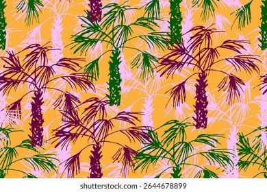 Padrão simples de vetor floral sem emenda. Palmeiras verdes, cor-de-rosa sobre fundo laranja. Feriado de verão. Para impressões de camisas havaianas, roupas de praia.