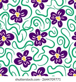 Simple floral vector seamless pattern. Green curved lines, purple flowers on white background. For fabric prints, textile products.