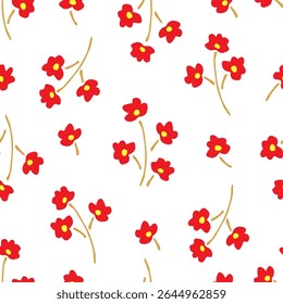 Simple floral vector seamless pattern. Small red flowers, branches on white background. For fabric prints, textile products.