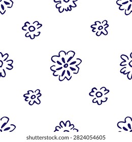 Simple floral vector seamless pattern. Blue outline of daisies on a white background. Suitable for fabric prints, textile products, clothing, and product packaging.
