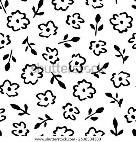 Simple floral vector seamless pattern. Small black flowers and branches on a white background. For prints, packaging, textiles.