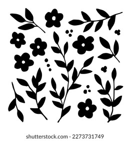 Simple floral vector set, black silhouette. Small flowers, branches with leaves. Botanical elements. Spring-summer collection.