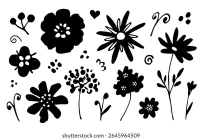 Simple floral vector set. Black silhouette of flowers of different shapes, leaves, branches, stems. Elements for creating patterns, design.