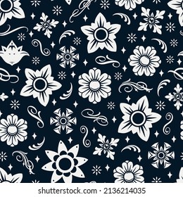 Simple floral vintage seamless pattern with ornaments, swirl and curl elements, vector illustration