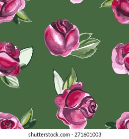 Simple Floral Watercolor seamless pattern with roses and leaves