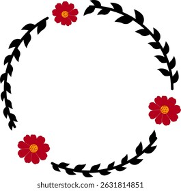 Simple floral wreath border made of red flowers and black leaves forming a circular frame