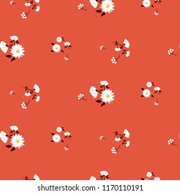 Simple florals red seamless vector pattern. Small white chamomile floral fabric textile print background.