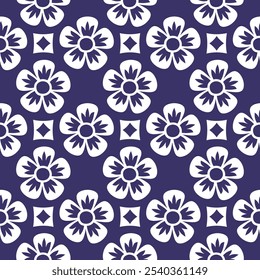 A simple flower batik design with crisp white floral motifs set against a deep navy background