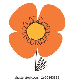 Simple Flower with Brush Line Leaves. Colorful plant with cute line sketches of branches isolated on white background. Nature herb perfect for invitations, cards, posters, holidays