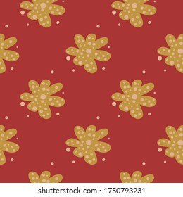 Simple flower bud daisy seamless pattern on red background. Cute doodle floral endless wallpaper. Decorative backdrop for fabric design, textile print, wrapping paper, cover. Vector illustration