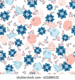Simple flower and butterfly seamless pattern on white background. Vector illustration for your designs. Print, poster, decoration, wallpaper, wrapping paper.
