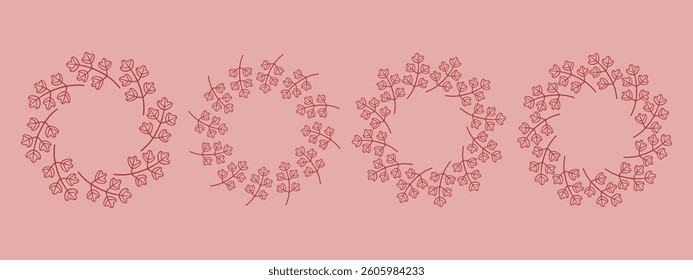 Simple flower circle frame set. Hand drawn red round line border, leaves and flowers, wedding invitation and cards, logo design and posters template. Elegant minimal style floral vector isolated set
