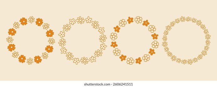 Simple flower circle frame set. Hand drawn yellow round line border, leaves and flowers, wedding invitation and cards, logo design and posters template. Elegant minimal style floral isolated set