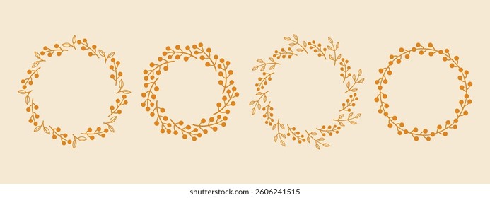 Simple flower circle frame set. Hand drawn yellow round line border, leaves and flowers, wedding invitation and cards, logo design and posters template. Elegant minimal style floral isolated set