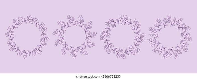 Simple flower circle frame set. Hand drawn purple round line border, leaves and flowers, wedding invitation and cards, logo design and posters template. Elegant minimal style floral isolated set
