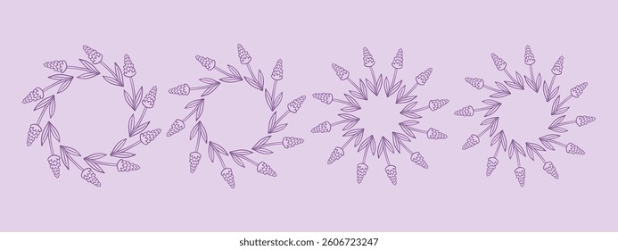 Simple flower circle frame set. Hand drawn purple round line border, leaves and flowers, wedding invitation and cards, logo design and posters template. Elegant minimal style floral isolated set